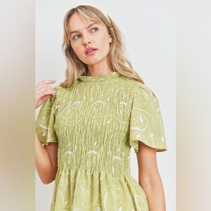 Smocked High-Neck Green Printed Women's Top